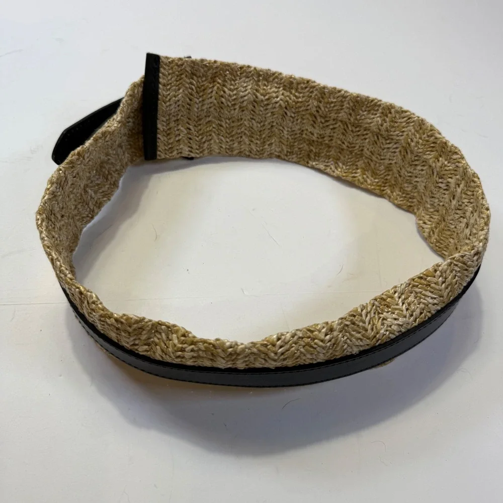 Unbranded Wide Woven Straw Raffia Leather Waist Belt Black Tan Brass Buckle 3in